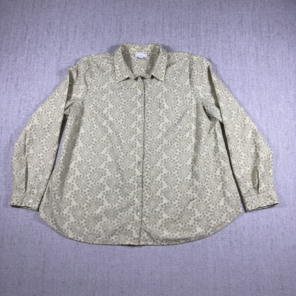 J. Jill Light Yellow/Green Paisley Embroidered Long Sleeve Button Up Size Large